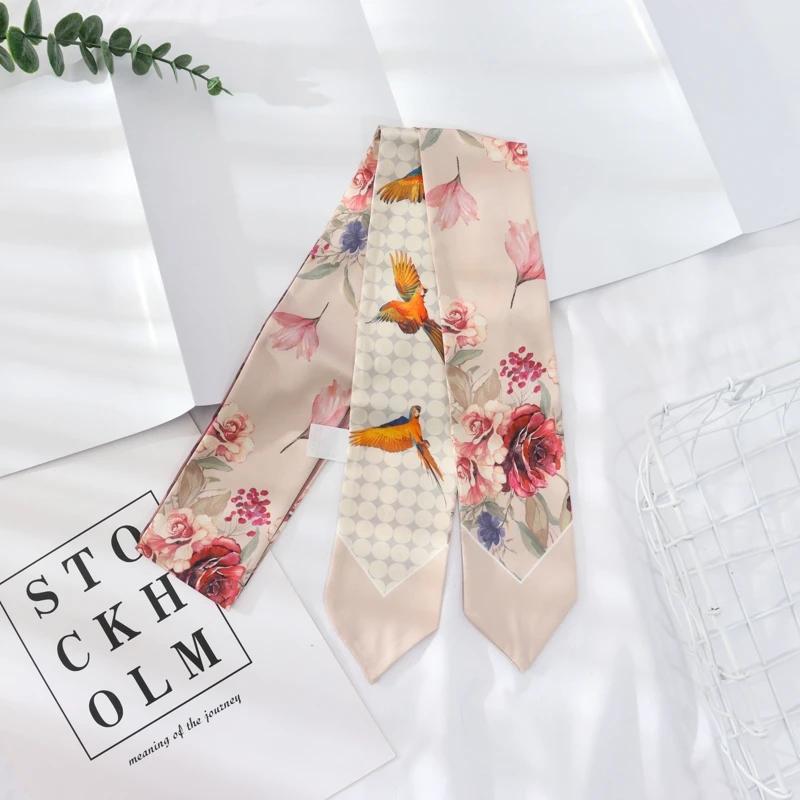New Summer 130*7 Ins Small Hairband Lovely Print Long Silk Scarf Wrist Ribbon Skinny Scarf For Women