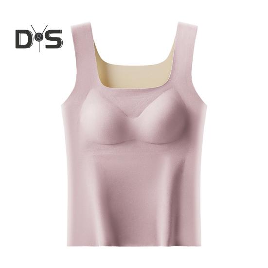 Winter Women Thermal Vest with Chest Pads Seamless Velvet Fast Temperature Lock Heating Square Neck Slim Fit Elastic Sleeveless Inner Wear Bottoming