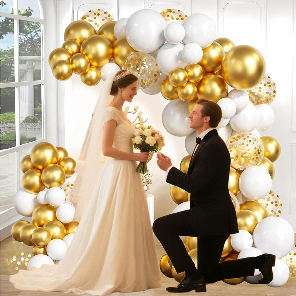 Wedding Anniversary White Balloons Garland Metallic Gold Confetti Balloon Arch Kit Home Birthday Party Baby Shower Decoration