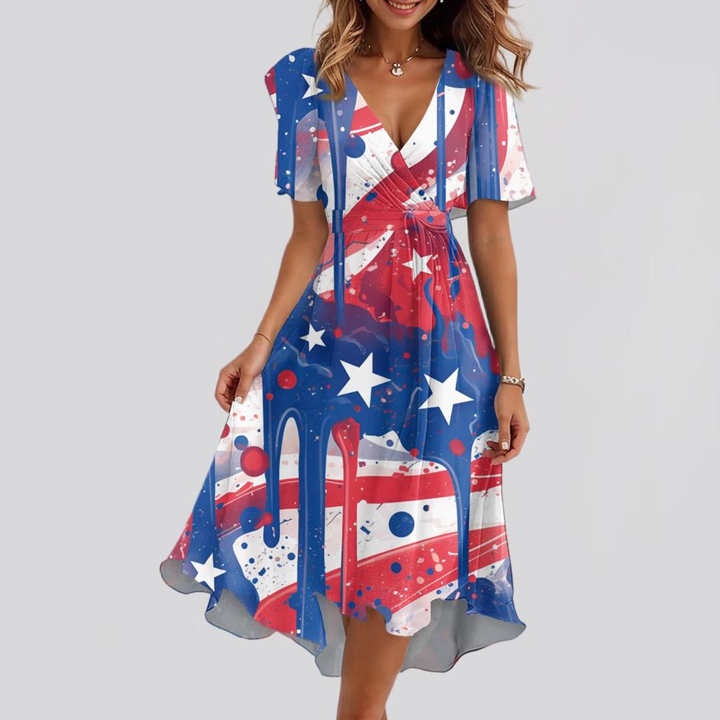 Women's Loose Casual V-Neck Flared Skirt Short Sleeved Printed Dress Printed Dress