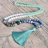 108 Mala Beads Tassel Pendant Long Necklace Women's Bohemian Green Aventurine Indian Agate Blue Dot Stone Handmade Zircon