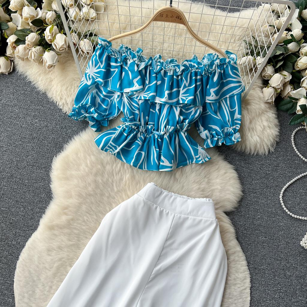 Модный французский костюм-рубашка на одно плечо с оборками и цветочным принтом, женский тонкий широкий брючный костюм с высокой талией