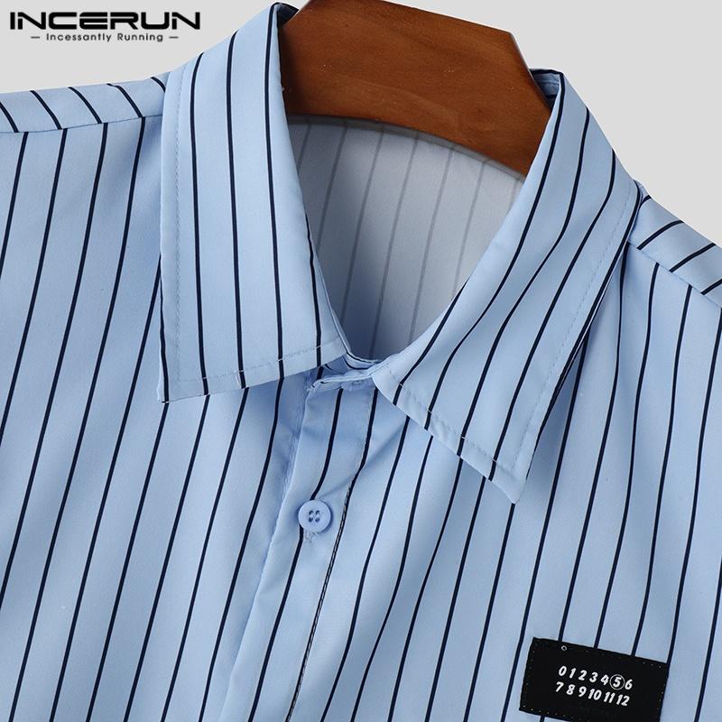 INCERUN Большие летние мужские повседневные рубашки с отворотом и коротким рукавом с вышивкой и цветочным принтом в полоску