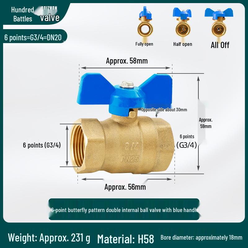 Dual Internal Thread Ball Valve for Water Heater and Gas Pipe, Copper Switch, Sizes: 2 to 6 Points, 1 Inch