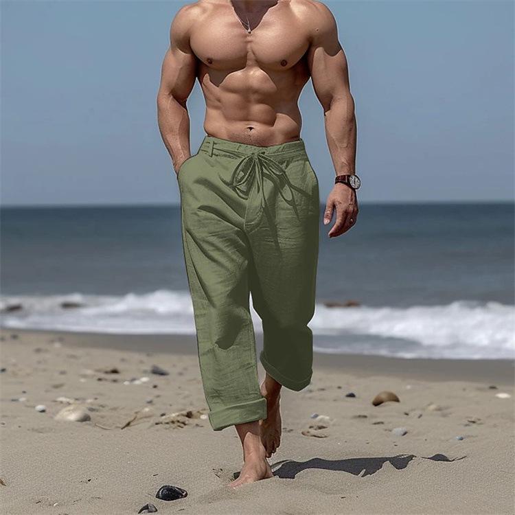 Men's Drawstring Beach Trousers with Front Pockets Straight-Leg Solid Colour Comfortable Breathable Casual Everyday Holiday Trousers
