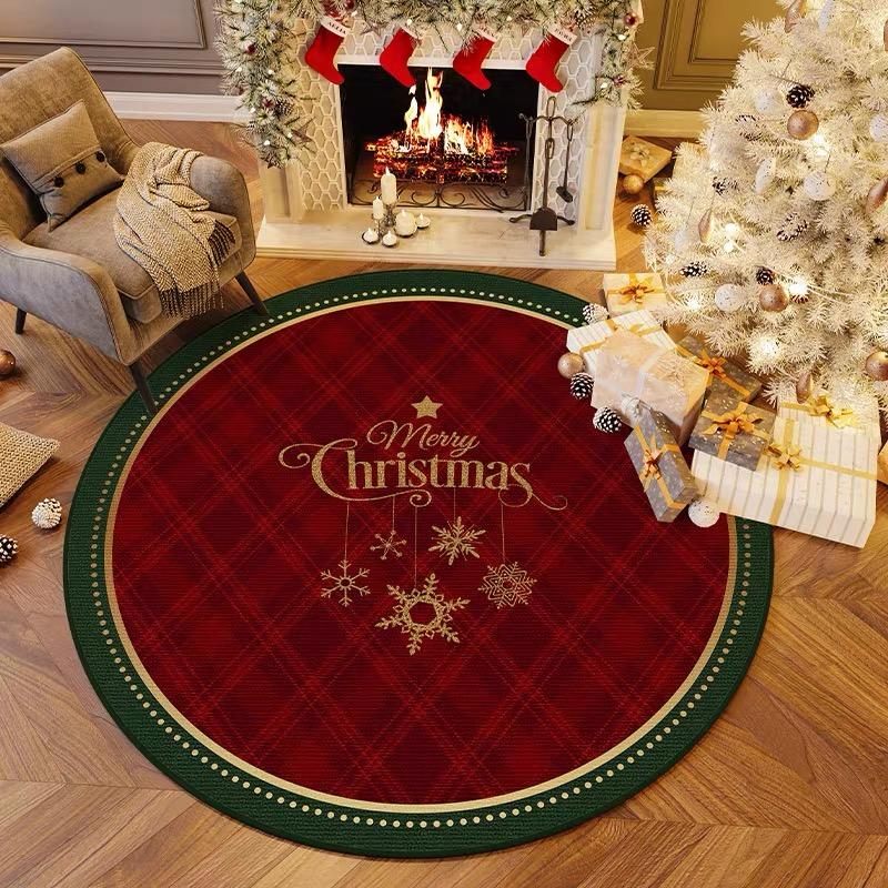 VIKAMA Christmas Round Carpet Living Room Bedroom Festive Red Festive Atmosphere Decorated Christmas Tree Decoration