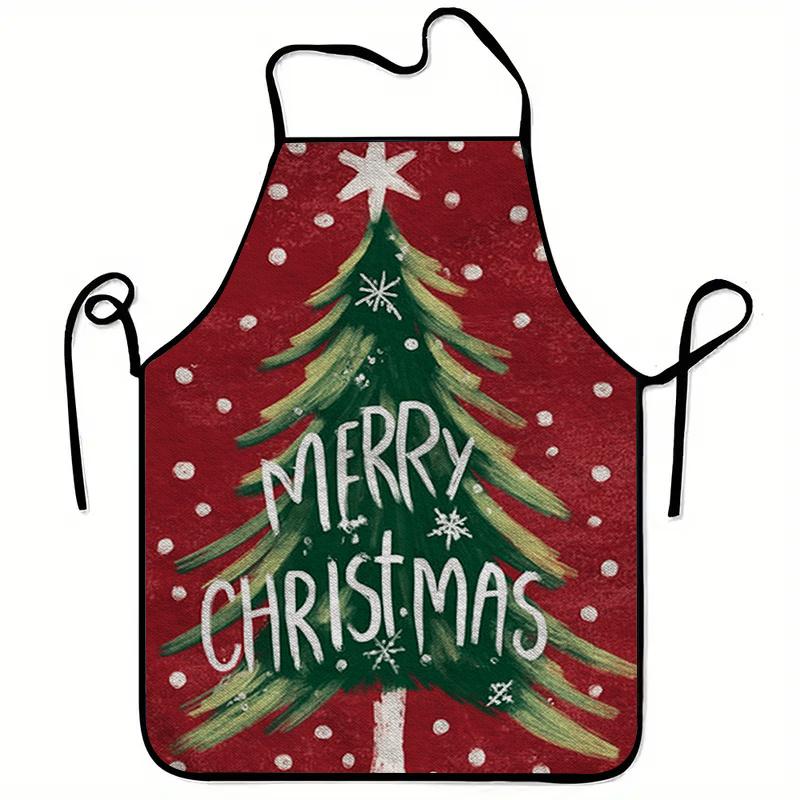 1pc Extra Large Merry Christmas Tree Apron Red White Festive Kitchen Cooking Apron with Green Tree, Heavy-Duty, Long Ties