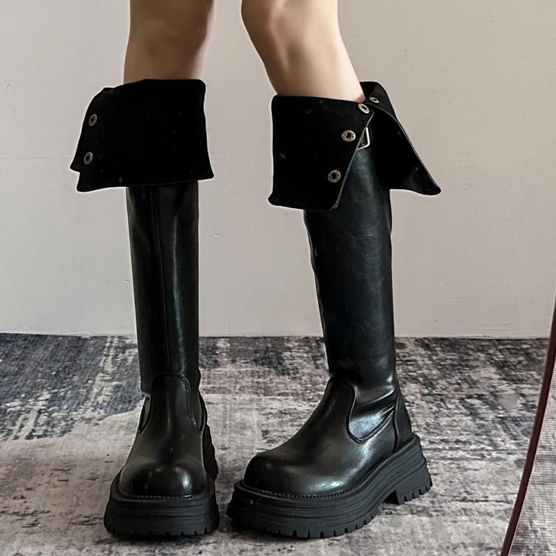 Модные женские кожаные высокие сапоги на платформе, туфли на плоской подошве, высокие сапоги до колена, женские трендовые зимние платья 2025 года, готические ретро-сапоги для снега, Mujer Botas