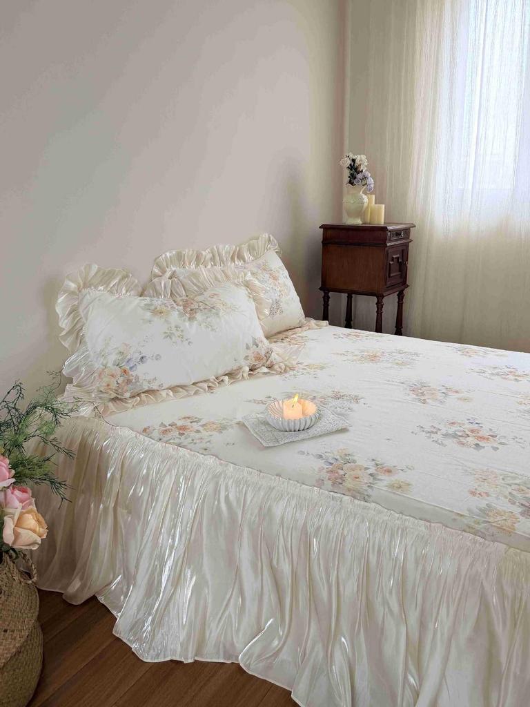 Princess Style Floral Lace Cotton Bedding Set: Includes French Rose Bed Skirt, Duvet Cover, and Sheet (4-Piece)