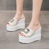 Large Size 42 Thick Soled 12CM Cool Slippers for Women Wearing Summer with Sloping Heels and Super High Heels Fashionable Rhinestone Slippers