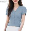 Women Casual V-Neck Summer Short Sleeve Plain Blouse