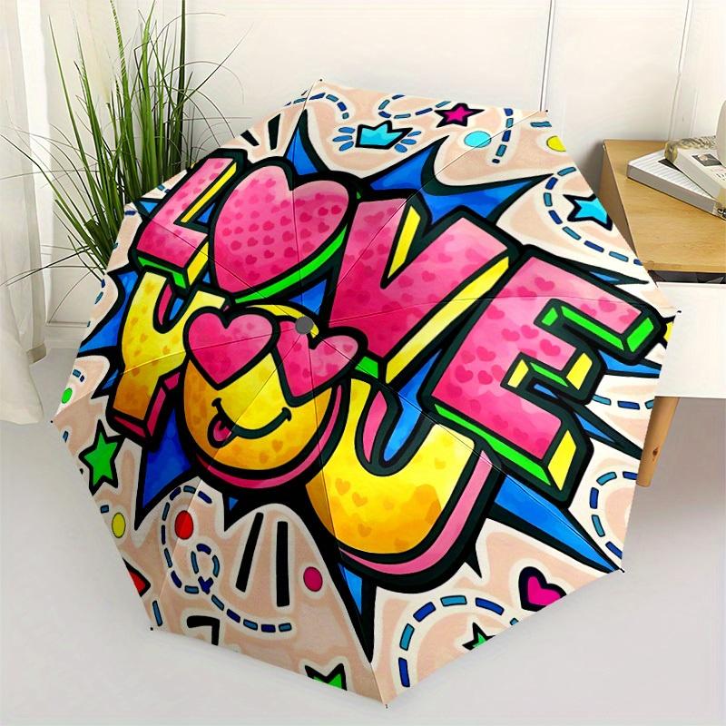 1pc Love You Sticker Automatic Folding Umbrella - 8-Rib Iron Frame, Windproof, Portable Sunshade with Plastic Handle for Travel & Outdoor Ac