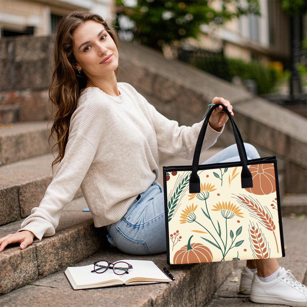 Autumn Pumpkin Pattern Canvas Tote Bag Casual Large Capacity Handbag for Daily Use