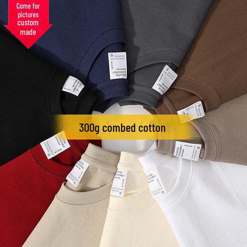 Футболка унисекс из плотного хлопка плотностью 300 г: Короткие рукава, двойная пряжа, круглый вырез, спущенное плечо, повседневная рабочая одежда, возможность нанесения индивидуального логотипа