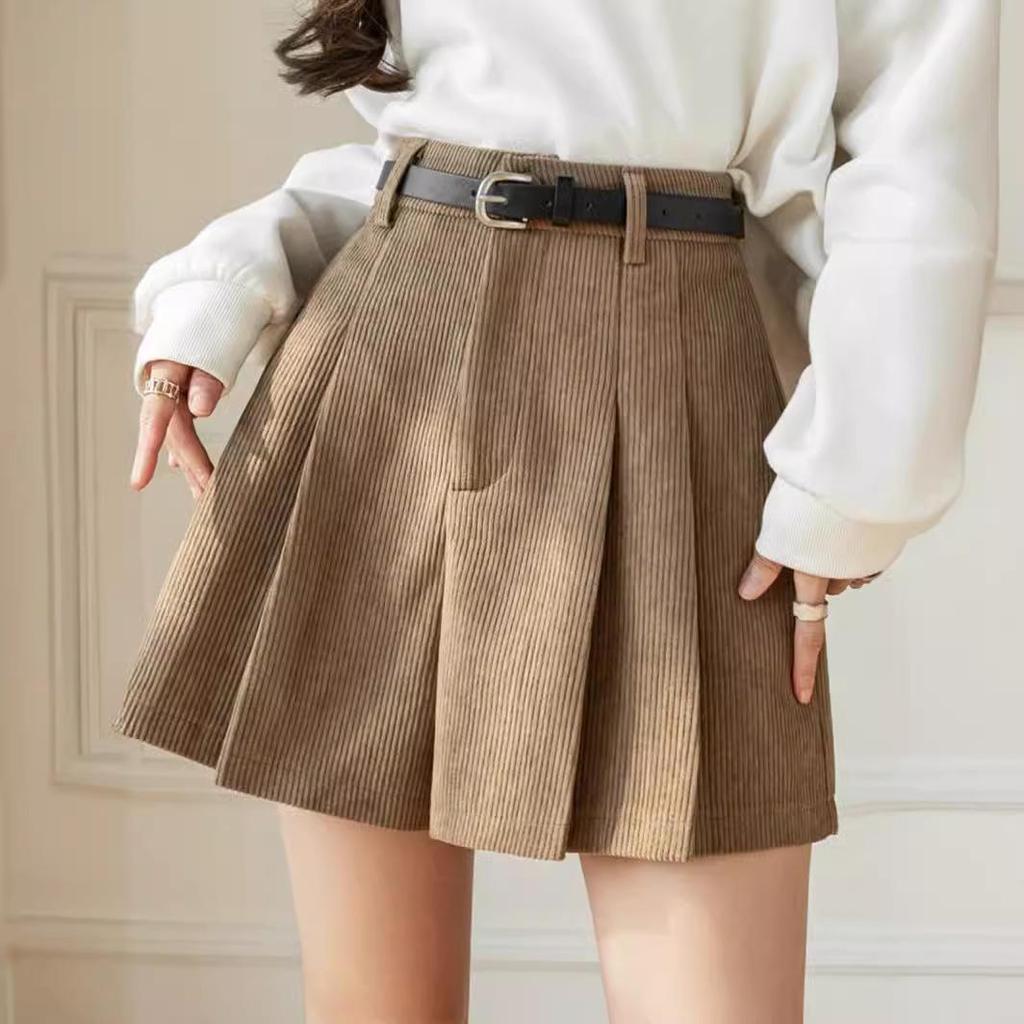 Женские вельветовые кюлоты А-силуэта с плиссировкой и высокой талией, зимние шорты 2024
