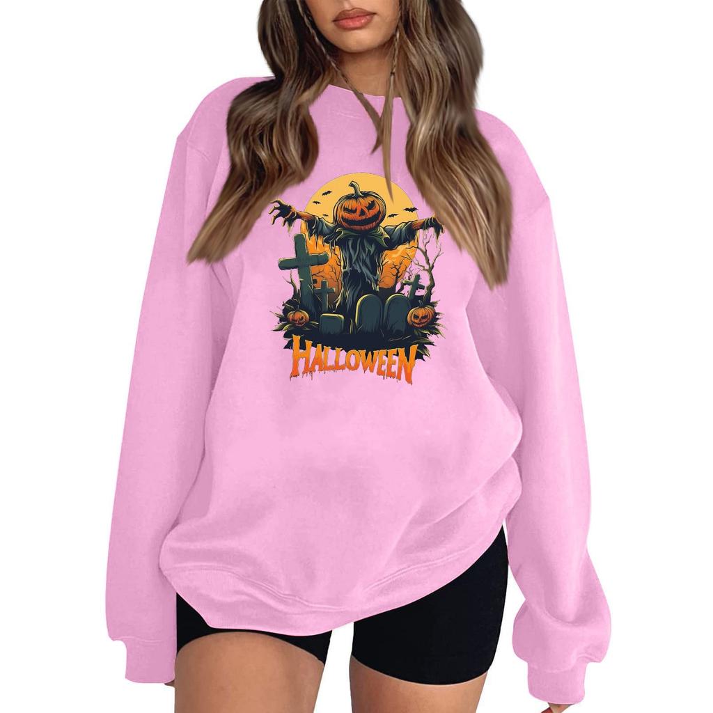 Women's Casual Round Neck Long Sleeved Pullover, Halloween Printed Top, Long Sleeved Hoodie