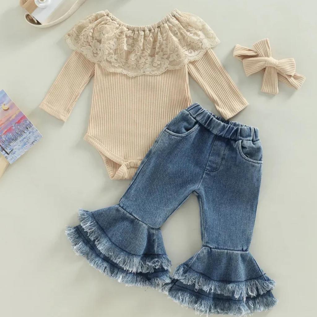 Модный детский весенний комбинезон с принтом, джинсовые расклешенные брюки, детский костюм из двух частей