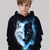 Boy Wolf Pattern Hoodie - Blue Eye Luminous Wolf Face Design, Soft Polyester Fiber Round Neck Hoodie