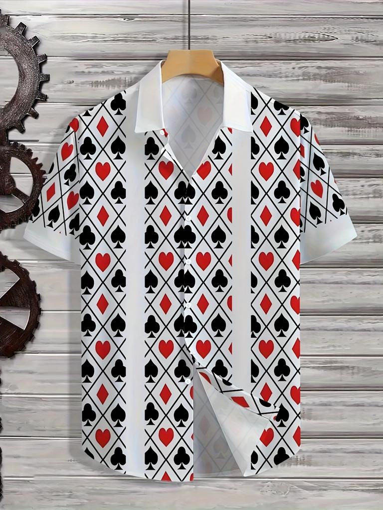 Men'S Casual Short-Sleeve Hawaiian Holiday Shirt - Poker Print, White with Red And Black Playing Card Design, Button-Up, Casual | Poker Print Shirt |