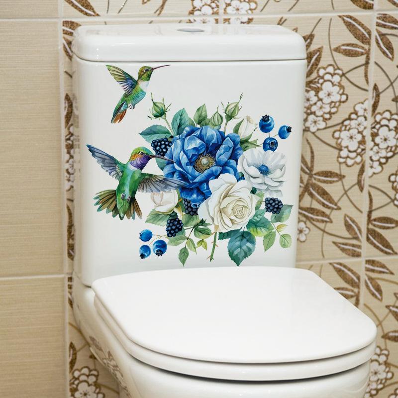 Hummingbird Rose Wall Stickers Waterproof Vinyl Flowers Decals for Bathroom Tiles Washbasin Mirror Peel & Stick Home Decor Floral Bird Art