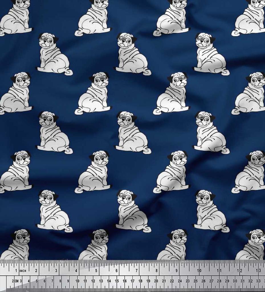 Soimoi Japan Crepe Satin Fabric Pug Dog Print Fabric by Metre 42 Inch Wide