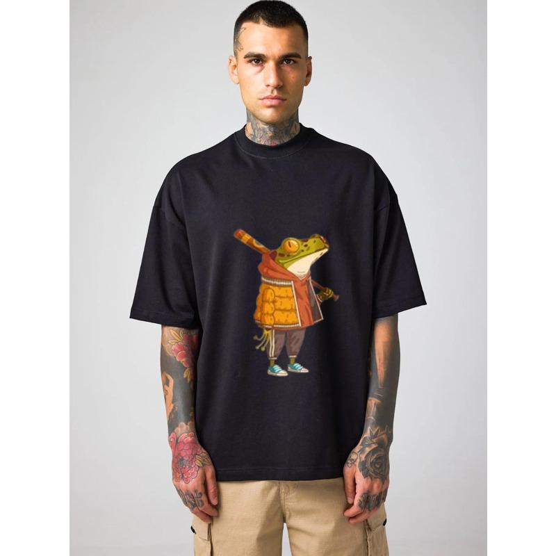 Футболка с круглым вырезом Белая Воин-лягушка Мультяшный принт Повседневная одежда для мужчин и женщин Повседневные наряды Уличная мода Летний топ