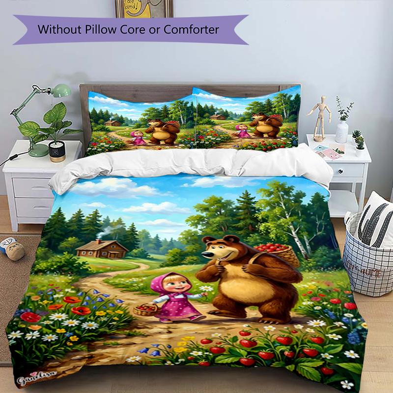 3pcs Duvet Cover Set (1*Duvet Cover + 2*Pillowcase, Without Core),Masha and The Bear Print Bedding Set, Bedroom Decor, All‑Season, Birthday Gift