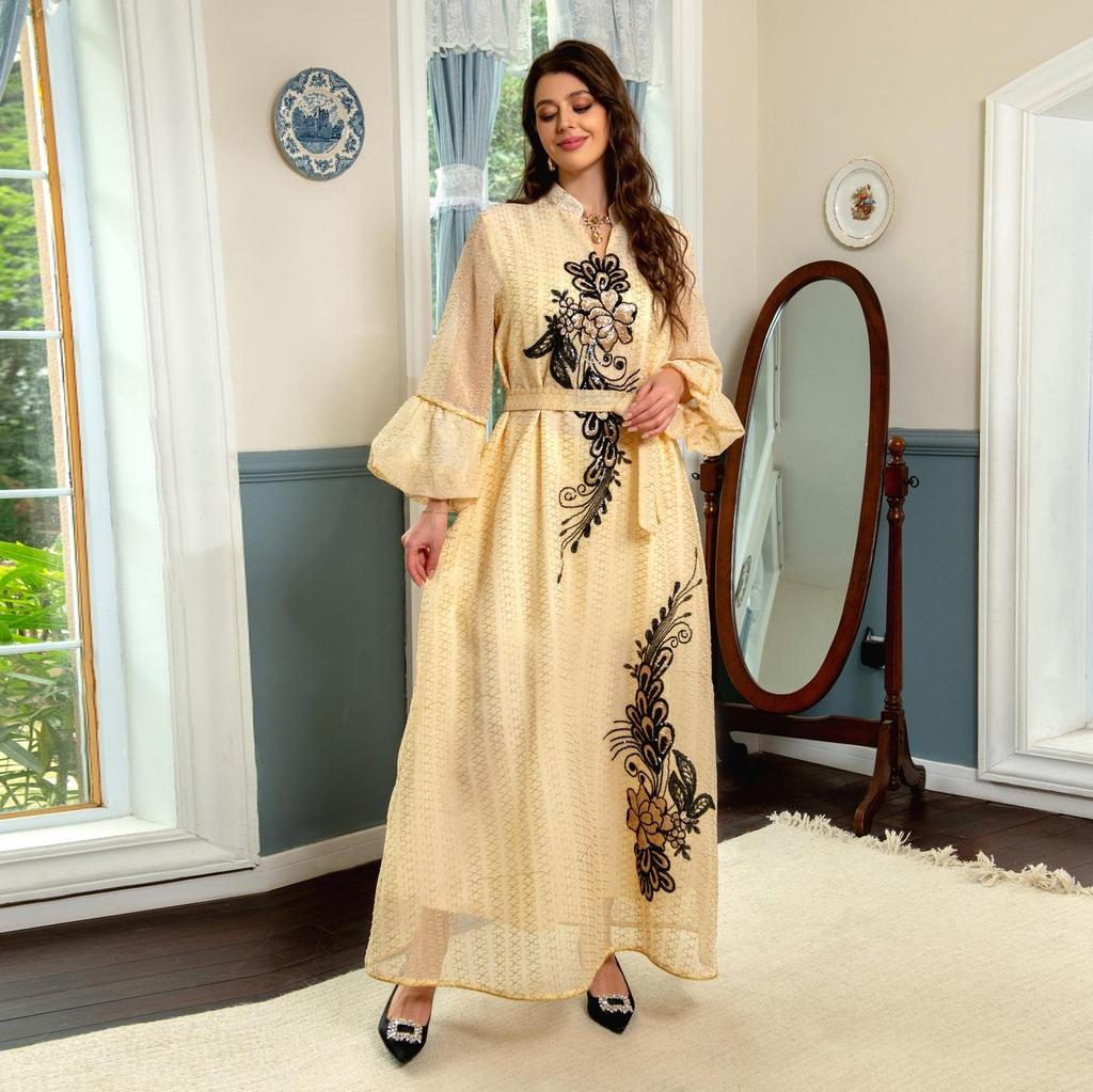 AB268 Кафтан с вышивкой пайетками: Элегантное длинное платье для женщин