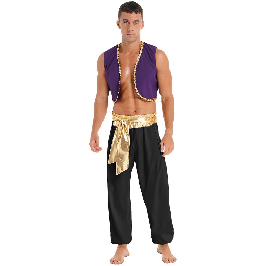 Mens Halloween Party Costume Sequin Trim Waistcoat Belted Pants Role Play Stage Performance Outfit