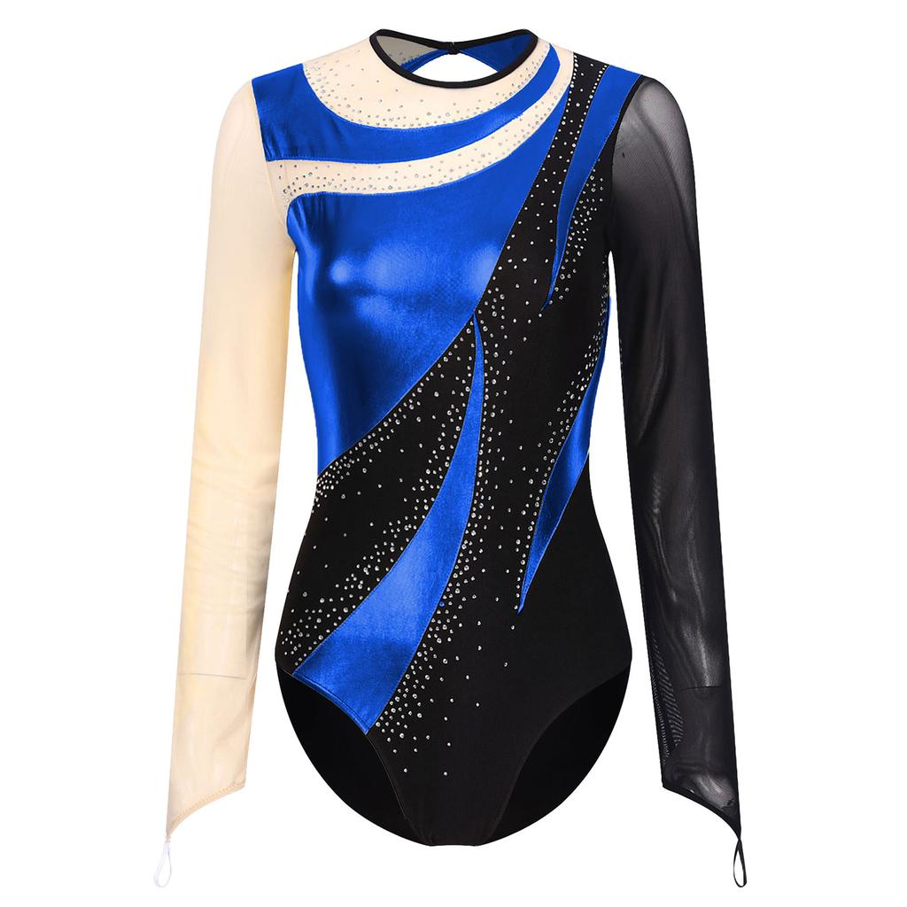 Womens Gymnastics Leotard Metallic Contrast Color Patchwork Sheer Mesh Long Sleeve Cutout Back Rhinestones Dancewear