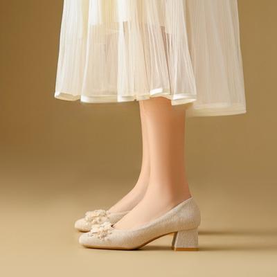 Туфли-лодочки на высоком каблуке с цветком, осенние новые, с квадратным носком, с неглубоким вырезом, для стопы, нескользящие, износостойкие, на блочном каблуке