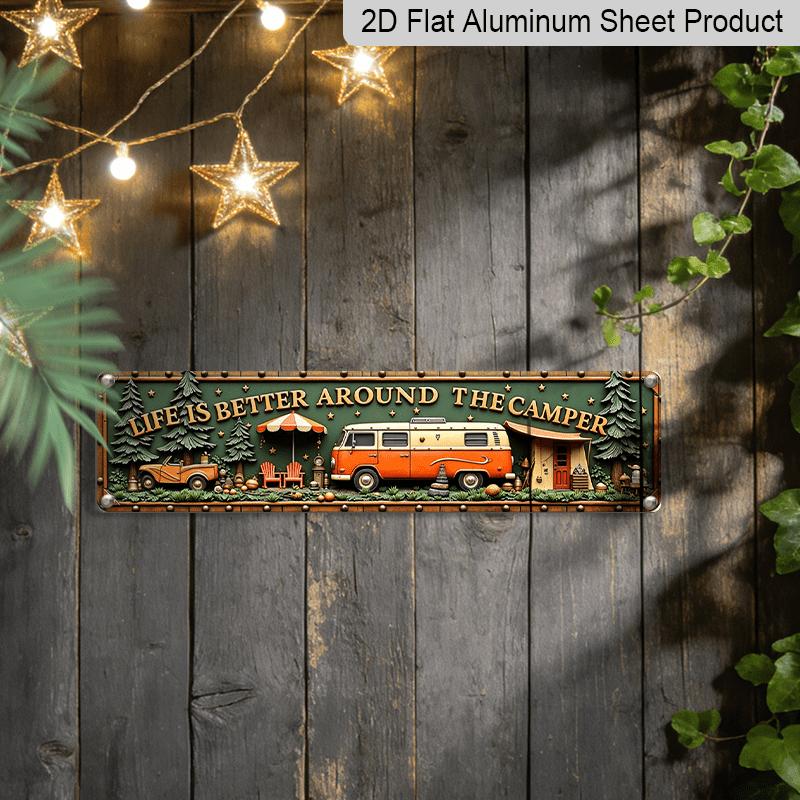 2D Flat, Vintage Camper Van & Retro Outdoor Wall Sign - Metal Rustic Decor Suitable for Bars, Living Rooms, Campgrounds, Christmas & Thanksgiving