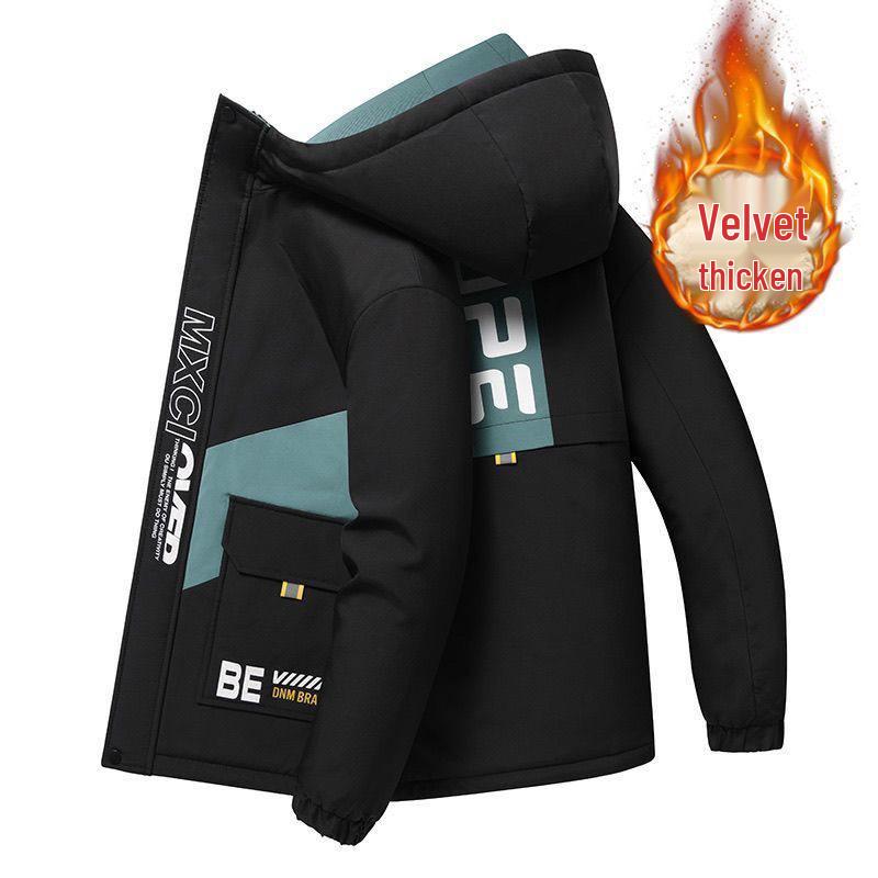 Мужская теплая зимняя флисовая хлопковая куртка с капюшоном для подростков - Модная рабочая верхняя одежда