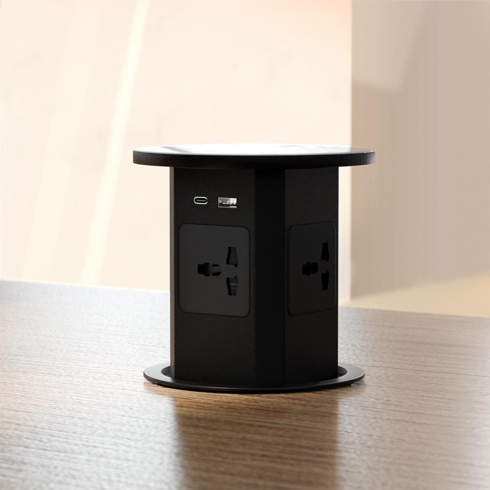 Black Multi-function Desktop Hydraulic Lift Socket with 18W USB A+C Fast Charging & 15A Wireless Charger, 250V.
