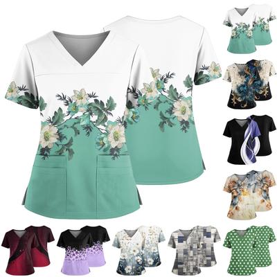 Женский повседневный топ с принтом, V-образным вырезом, карманом, боковым разрезом и короткими рукавами