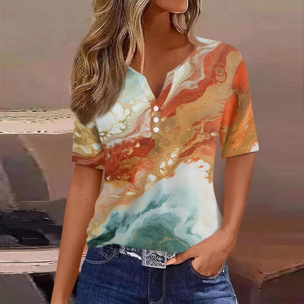 Women's T Shirt Tee Printed Button Short Sleeve Tunic Daily Weekend Fashion Basic V- Neck Regular Top