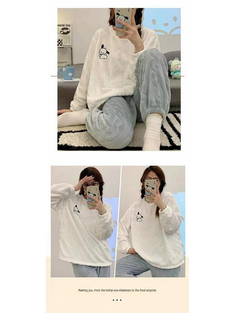 Женский зимний пижамный комплект из кораллового флиса: Милый, Утепленный, На велюровой подкладке, С длинным рукавом, Свободный фланелевый домашний костюм, Можно носить на улице