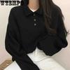 Women's Polo Collar Sweater Loose Spring and Autumn Casual Fashion Embroidered Top Coat Trendy Solid Color