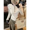 Unique embroidered top spring new button half open neck knitted bottoming shirt contrasting color knitted sweater women