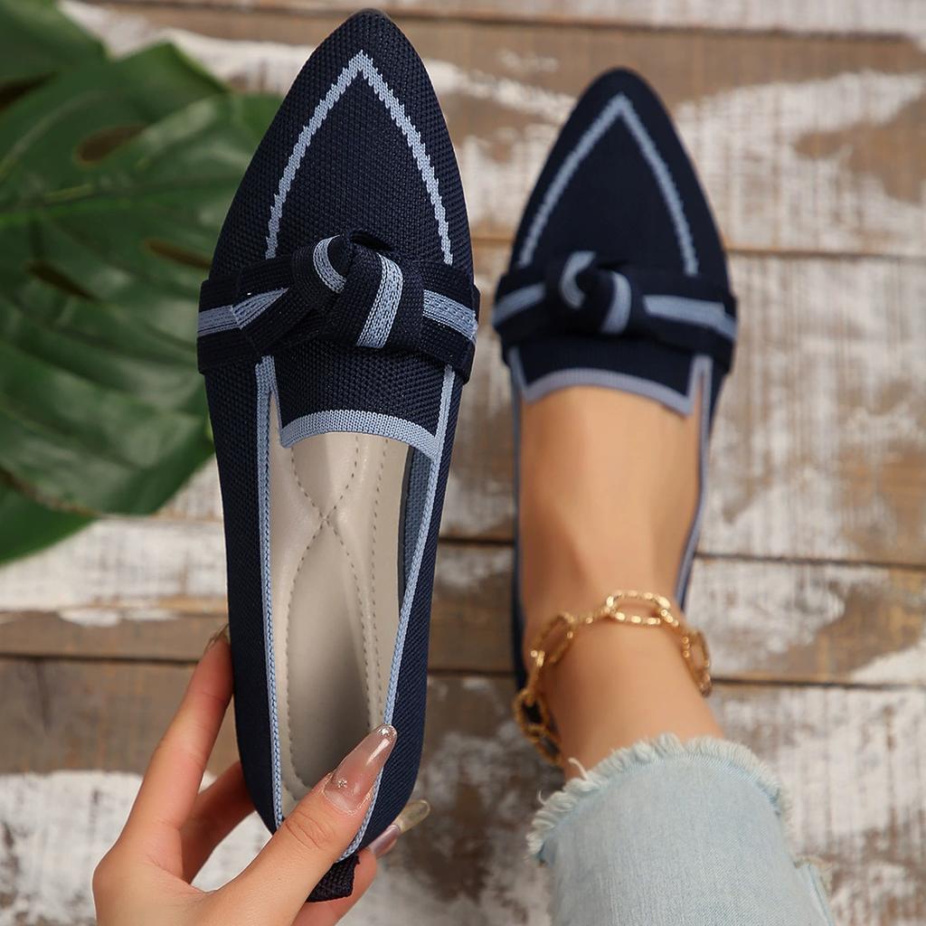 Women's Knot Design Flat Shoes Fashion Pointed Toe Knitted Slip On Shoes Comfy Breathable Flats