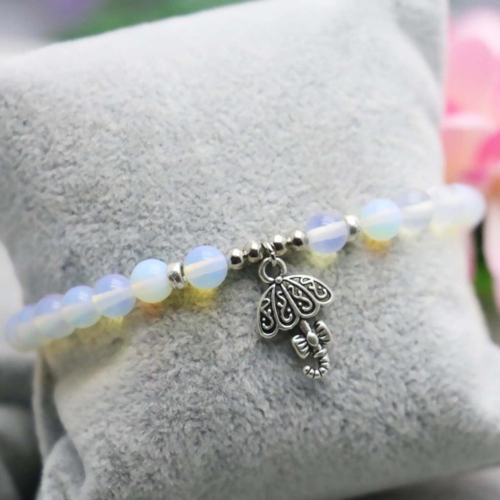 6mm Classic Round Moonstone Opal Beads Natural Stone Bracelet Hand Chain Women Girls Umbrella Pendant Tibet Silvercolor Jewelry