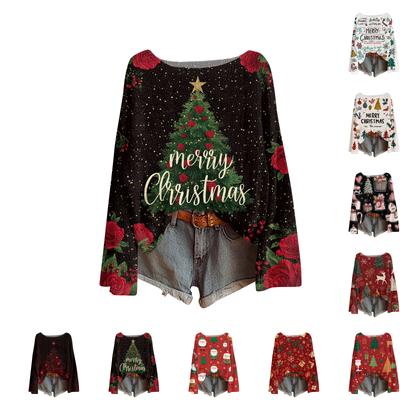 Женский легкий свитер с круглым вырезом, повседневный вязаный пуловер с длинным рукавом и рождественским принтом