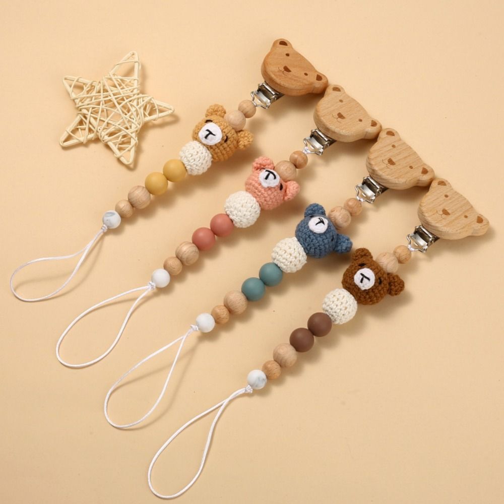 Wood Pacifier Holder Clips Bear Baby Teether Toys Straps Cute Baby Pacifier Chain  Baby