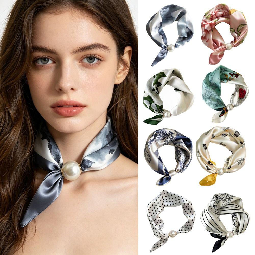 Breathable Silk Scarf Lightweight Printed Neck Scarf Elegant Pearl Buckle Scarf Women