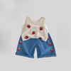 Summer Casual Kids Strawberry Embroidery Set Viscose Knitted Hollow Out Sleeveless Top & Cotton Polyester Straight Leg Shorts