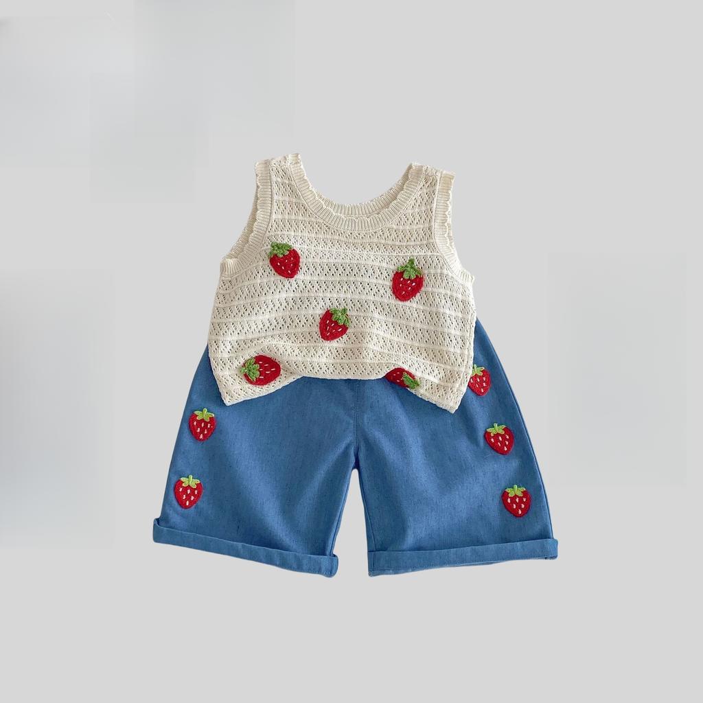 Summer Casual Kids Strawberry Embroidery Set Viscose Knitted Hollow Out Sleeveless Top & Cotton Polyester Straight Leg Shorts