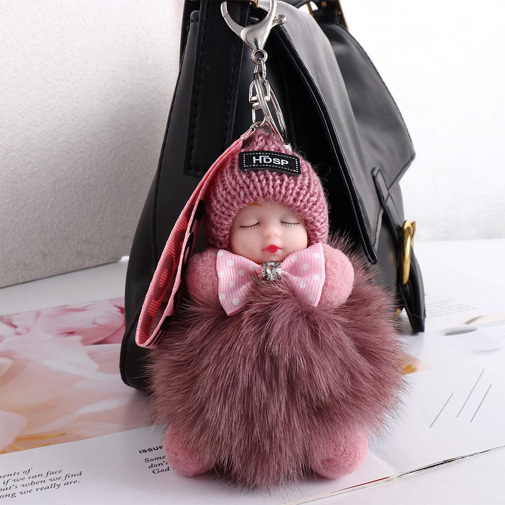 Ball Pendant Jewelry Gift Sleeping Baby Doll Plush Keychain Pompom Keyring Fluffy Plush Doll