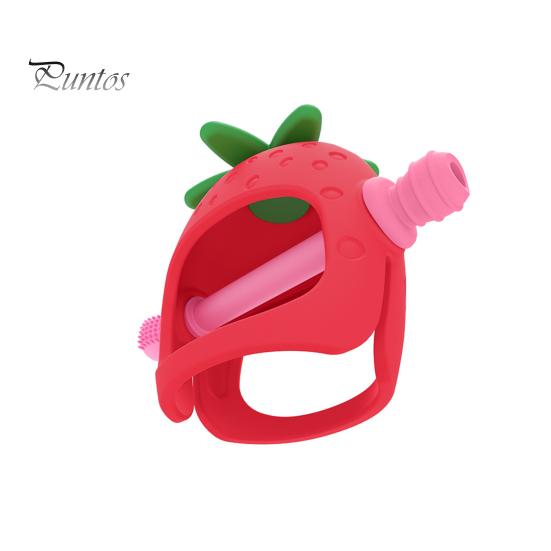 Игрушка для прорезывания зубов у детей от 0 до 24 месяцев. Облегчает боль в деснах с помощью прорезывателя в форме клубники. Пищевой силикон. Легко моется. Игрушка-поезд для облегчения прорезывания зубов.