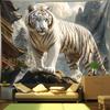 Величественный Белый Тигр Настенный Гобелен, Древняя Китайская Архитектура и Горный Пейзаж, Декор с Изображением Мифического Животного