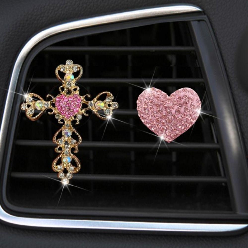 2 Pieces Cross & Heart Shape Car Vent Clips Bling Diamond Car Accessories  Serve As a Gift